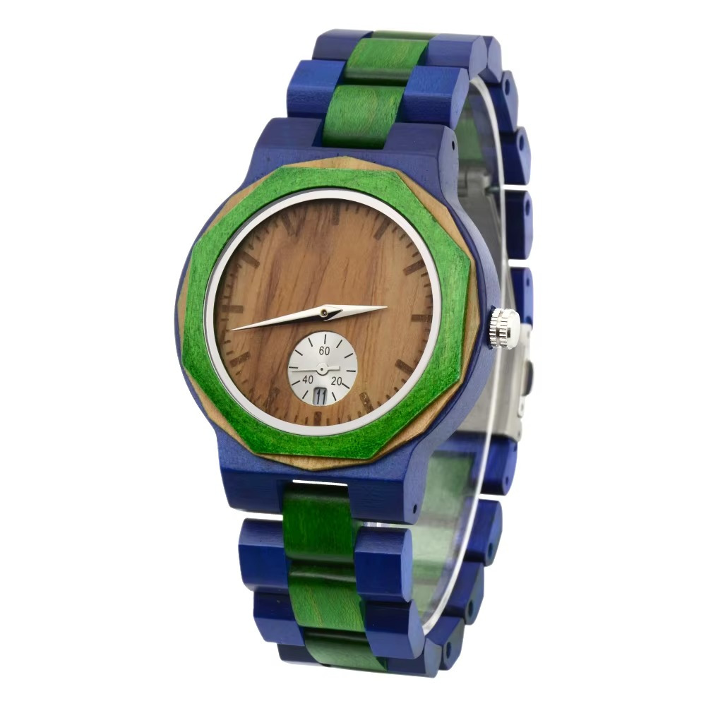 Montre en bois bicolore Costa Rica avec bracelet bleu et vert, boîtier octogonal et sous-cadran secondes