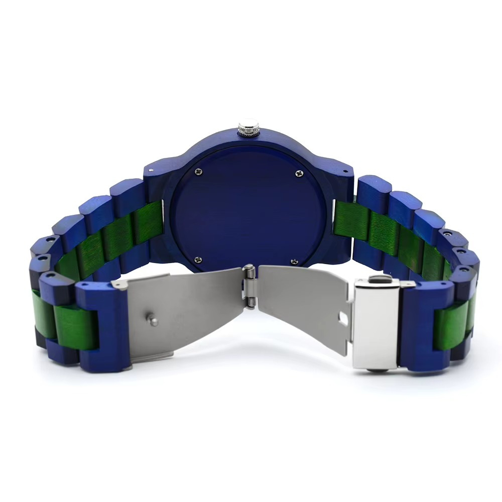 Montre en bois bicolore Costa Rica avec bracelet bleu et vert vue arrière du boîtier octogonal et fermoir métallique ouvert
