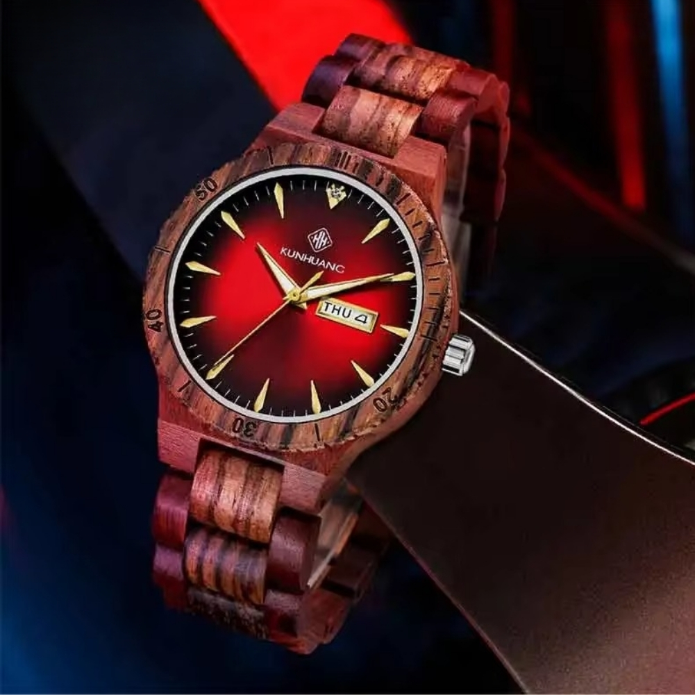 Montre en bois bicolore Vulcain avec cadran rouge, jour et date visibles, lunette crantée en bois