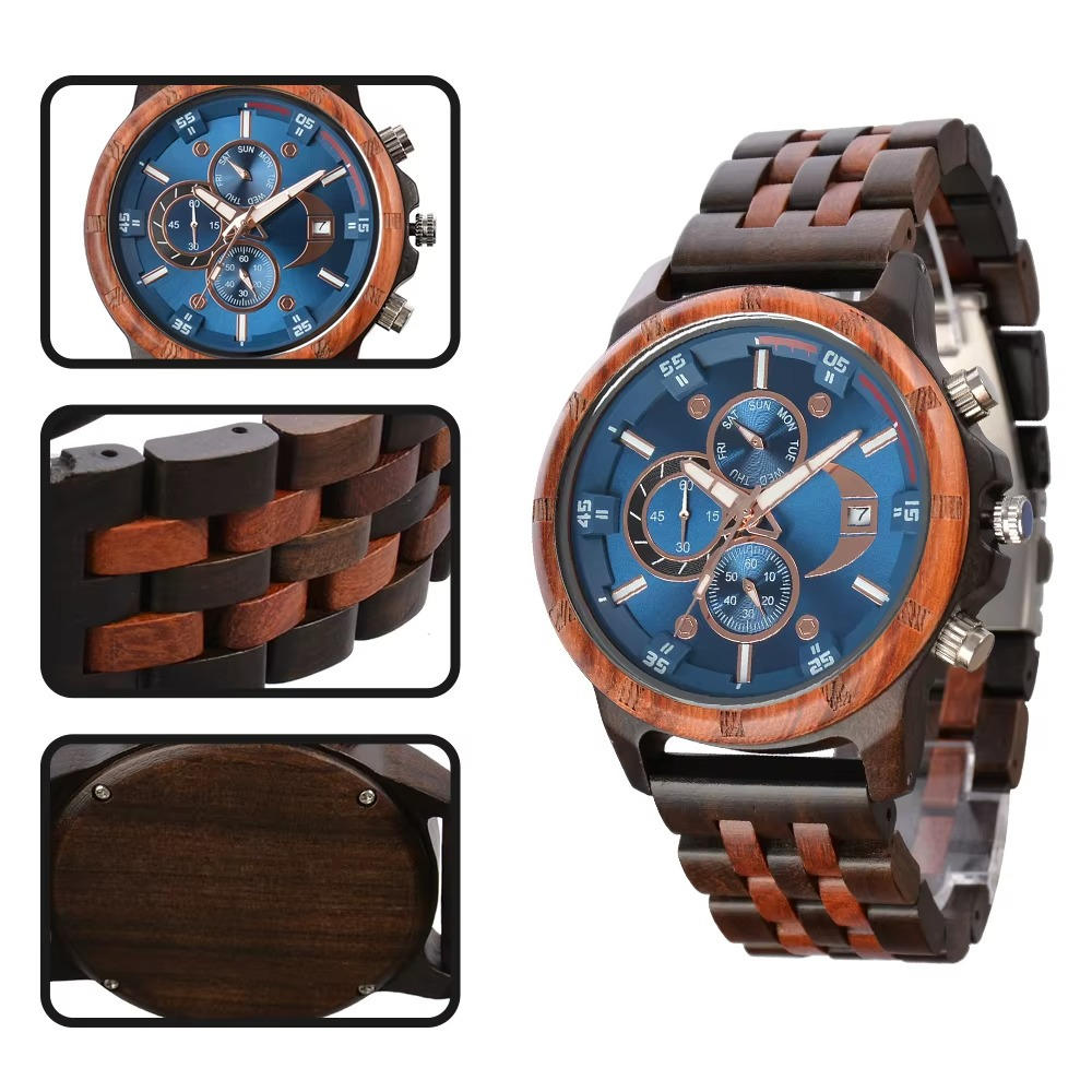 Montre bois chronographe bicolore Atlas avec cadran bleu et bracelet en bois marron foncé et clair, vue détaillée du cadran, du bracelet et du fond en bois