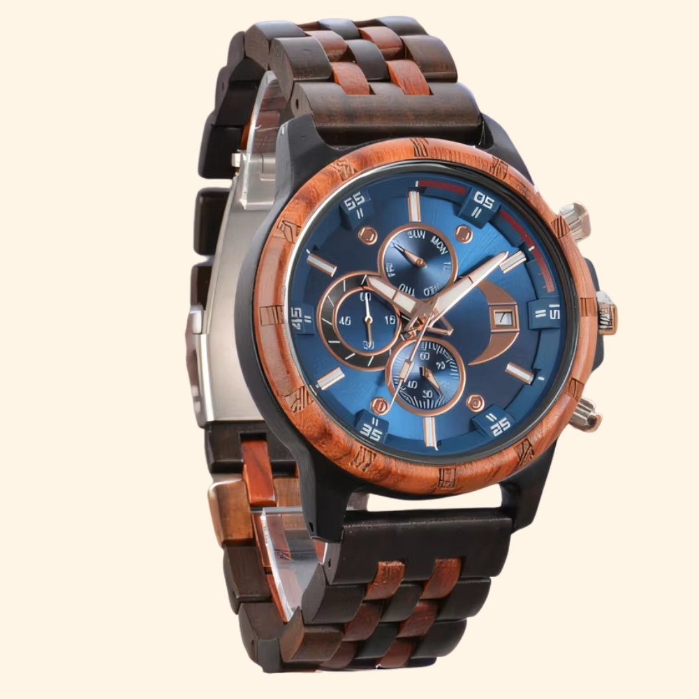 Montre bois chronographe bicolore Atlas avec cadran bleu et calendrier complet