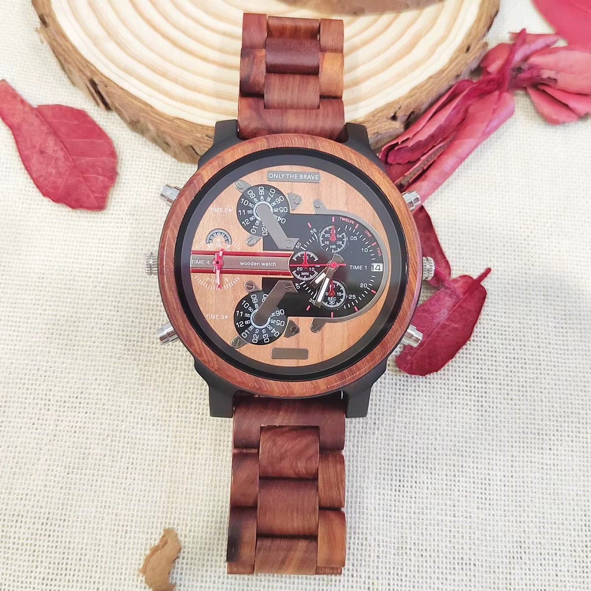 Montre en bois Everest grand cadran double fuseau avec aiguilles lumineuses et bracelet en bois marron