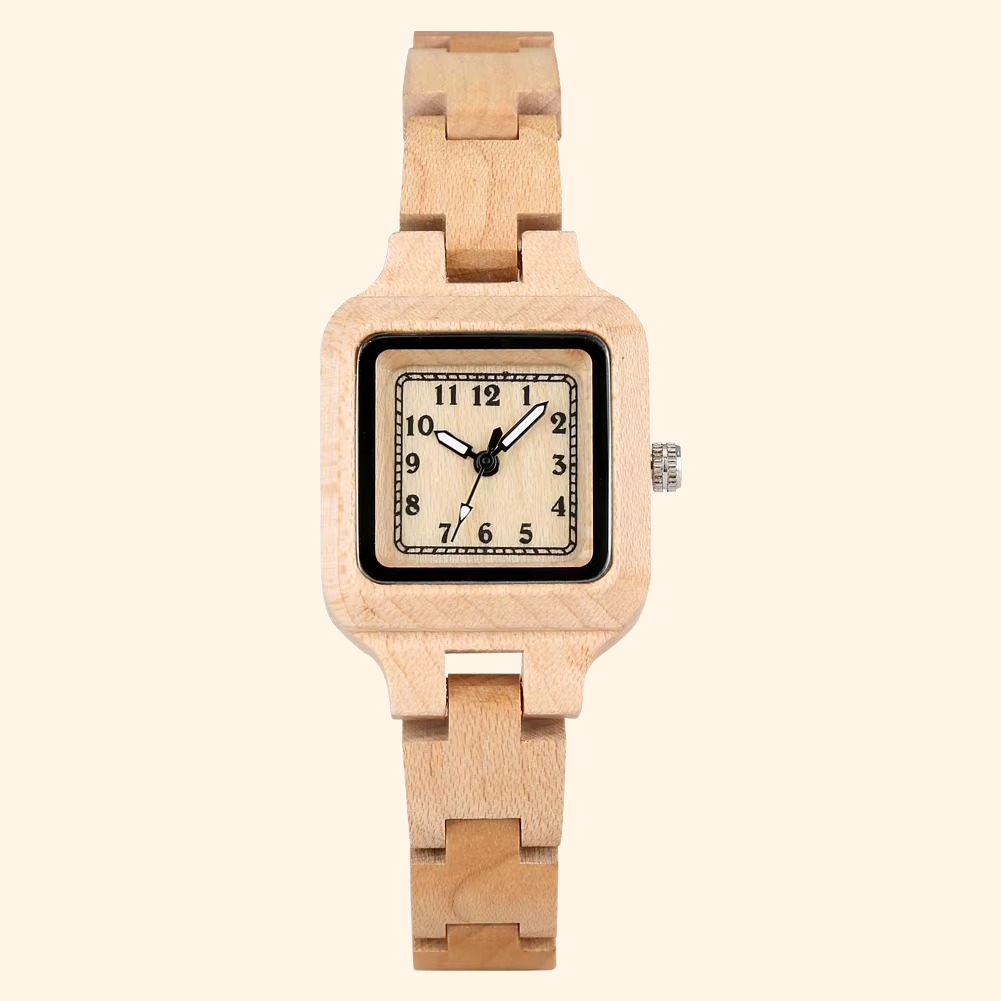 Montre en bois femme Lucerne avec cadran carré beige 26 mm et bracelet en bois fin naturel