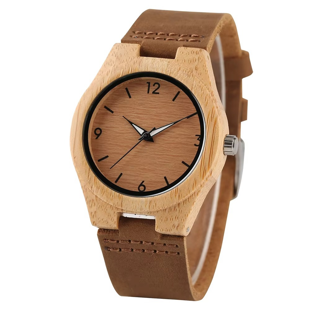 Montre en bois femme modèle Moka avec cadran café en bambou et bracelet en cuir marron vue de face