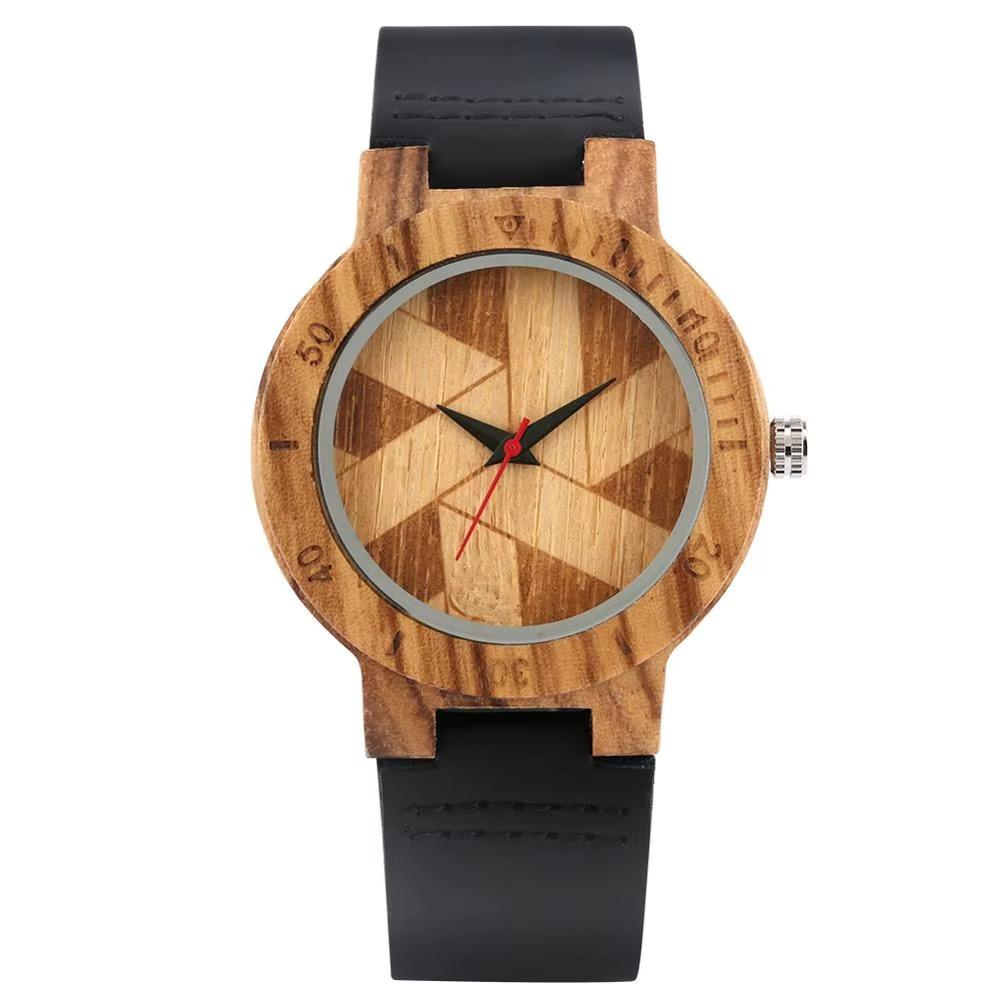 Montre en bois femme Prisma avec cadran mosaïque géométrique en bois naturel et bracelet cuir noir