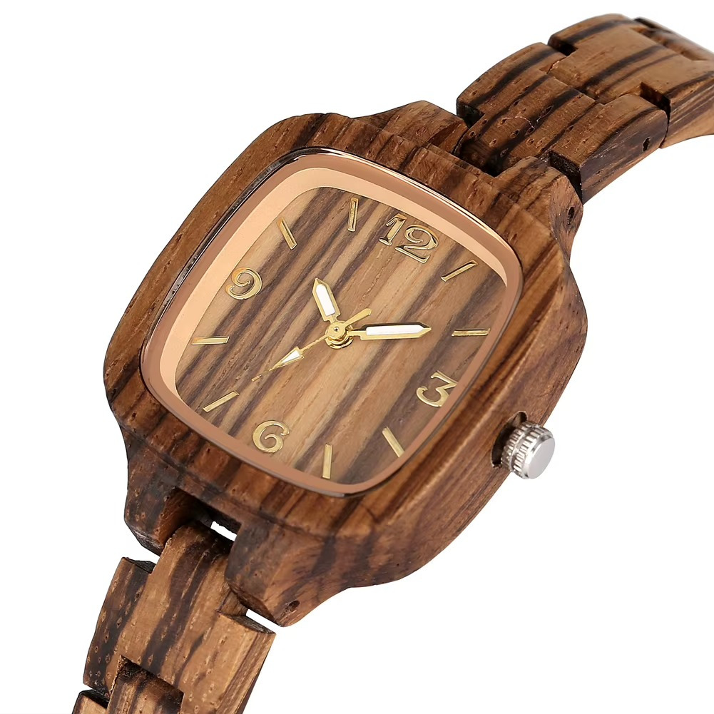 Montre en bois femme modèle Séville avec cadran carré en zébrano 32 mm et bracelet en bois zébrano
