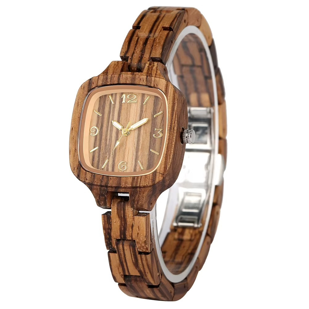 Montre en bois femme Séville avec cadran carré en zébrano 32 mm et bracelet en bois à maillons