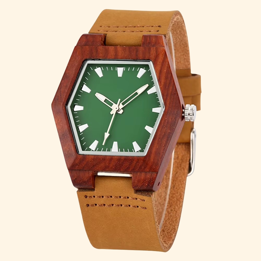 Montre en bois femme Ubud avec cadran hexagonal vert et bracelet cuir marron clair
