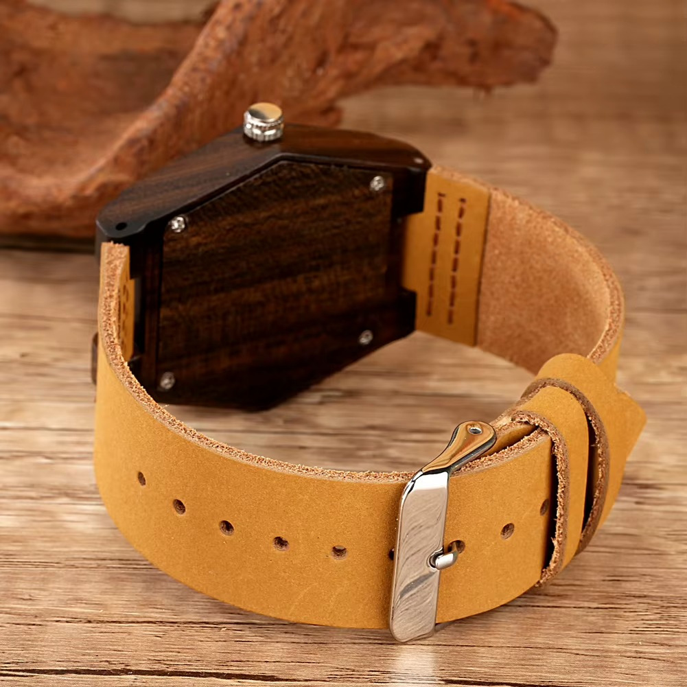 Montre en bois femme Ubud avec boîtier hexagonal en bois foncé et bracelet en cuir camel vue arrière