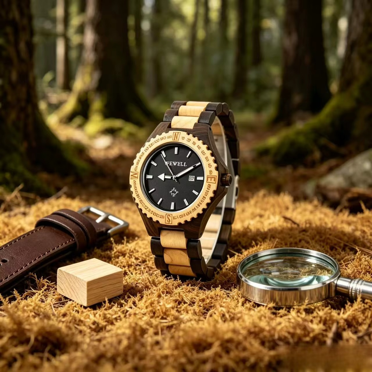 Montre en bois homme bicolore Meridian avec cadran noir, boussole graduée 360° et date, bracelet bois clair et foncé, présentée en forêt avec accessoires