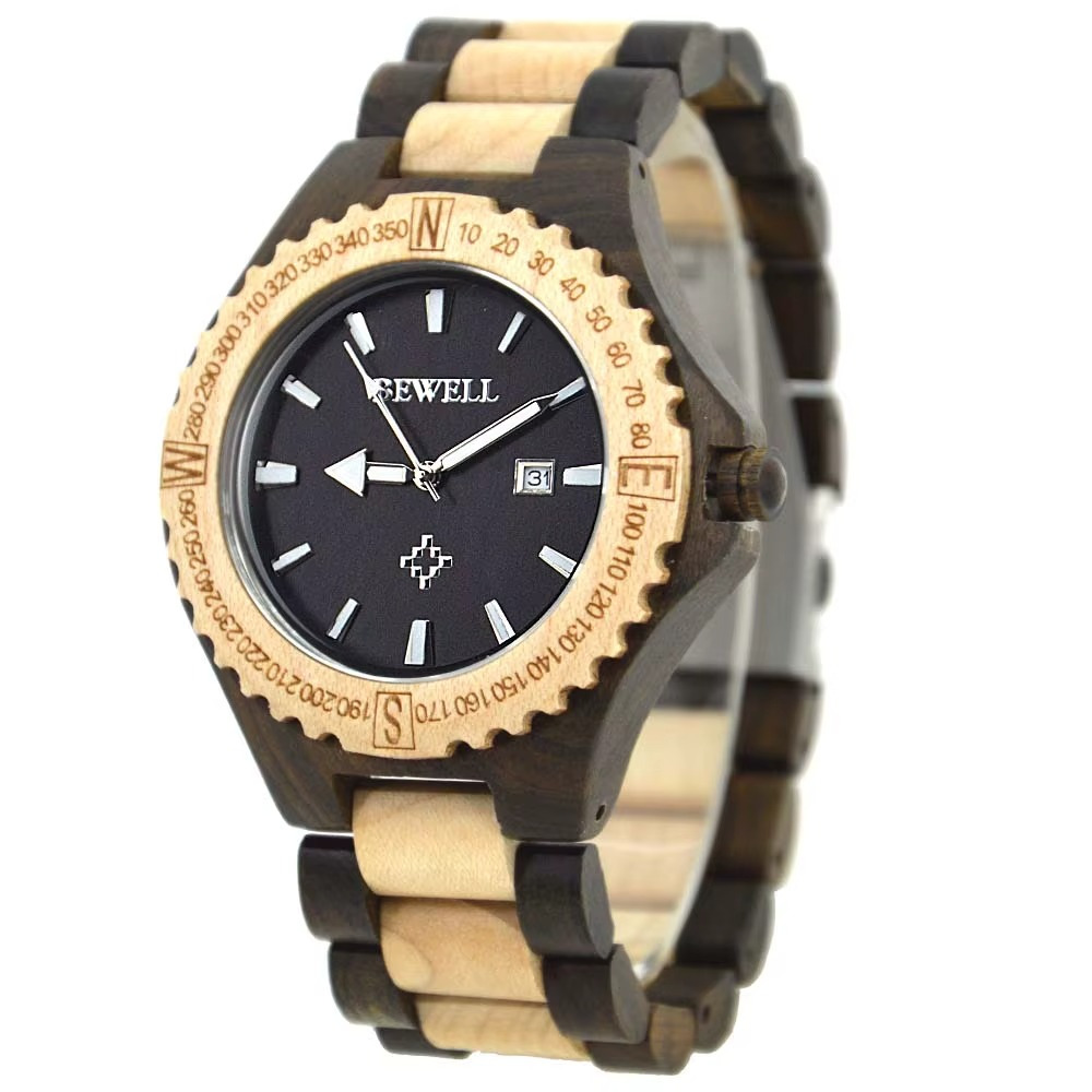 Montre en bois homme bicolore Meridian avec cadran noir, boussole graduée 360 degrés et date