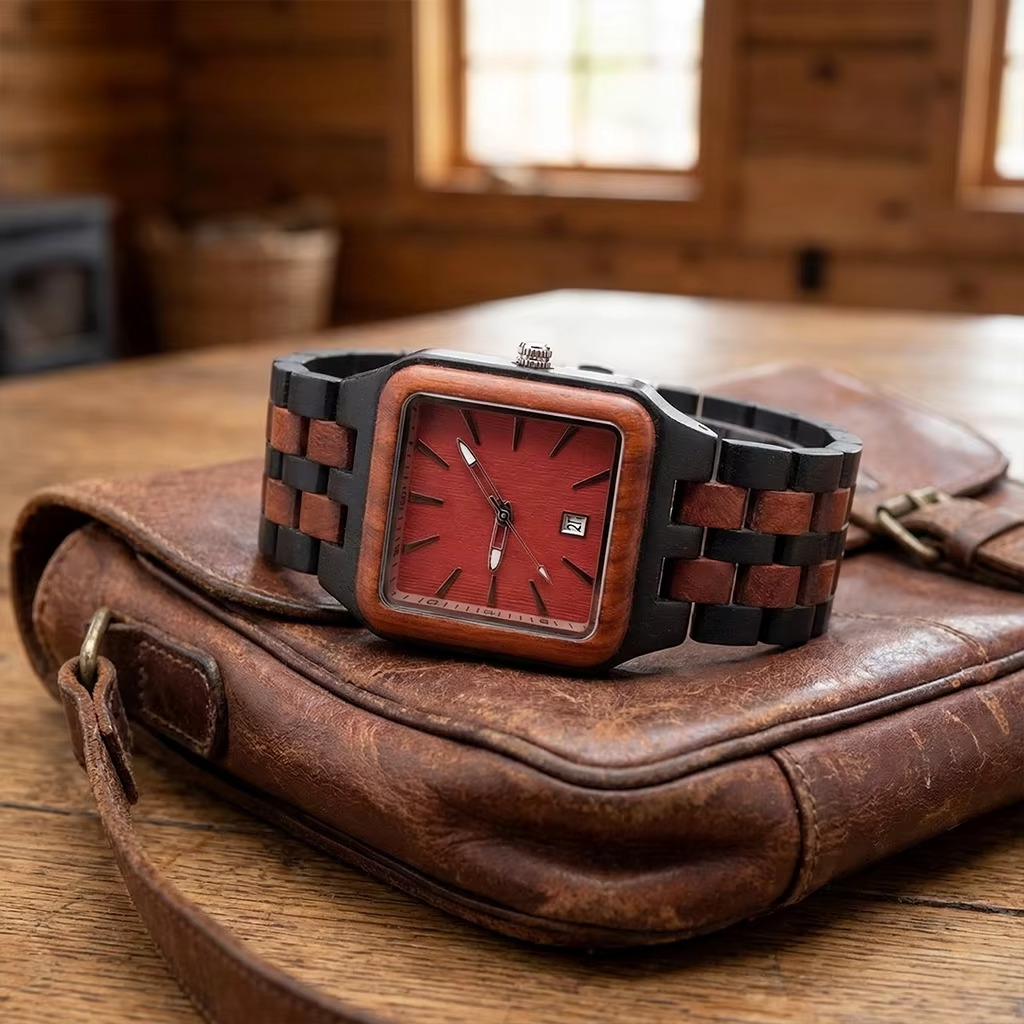 Montre en bois homme modèle Brooklyn avec cadran carré rouge et bracelet damier noir et marron posée sur une sacoche en cuir