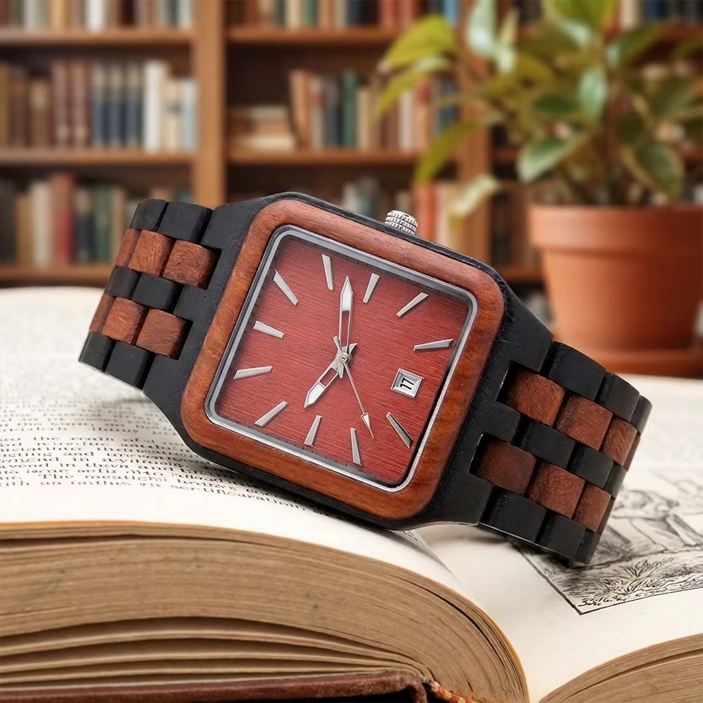 Montre en bois homme modèle Brooklyn avec cadran carré rouge et bracelet damier noir et marron