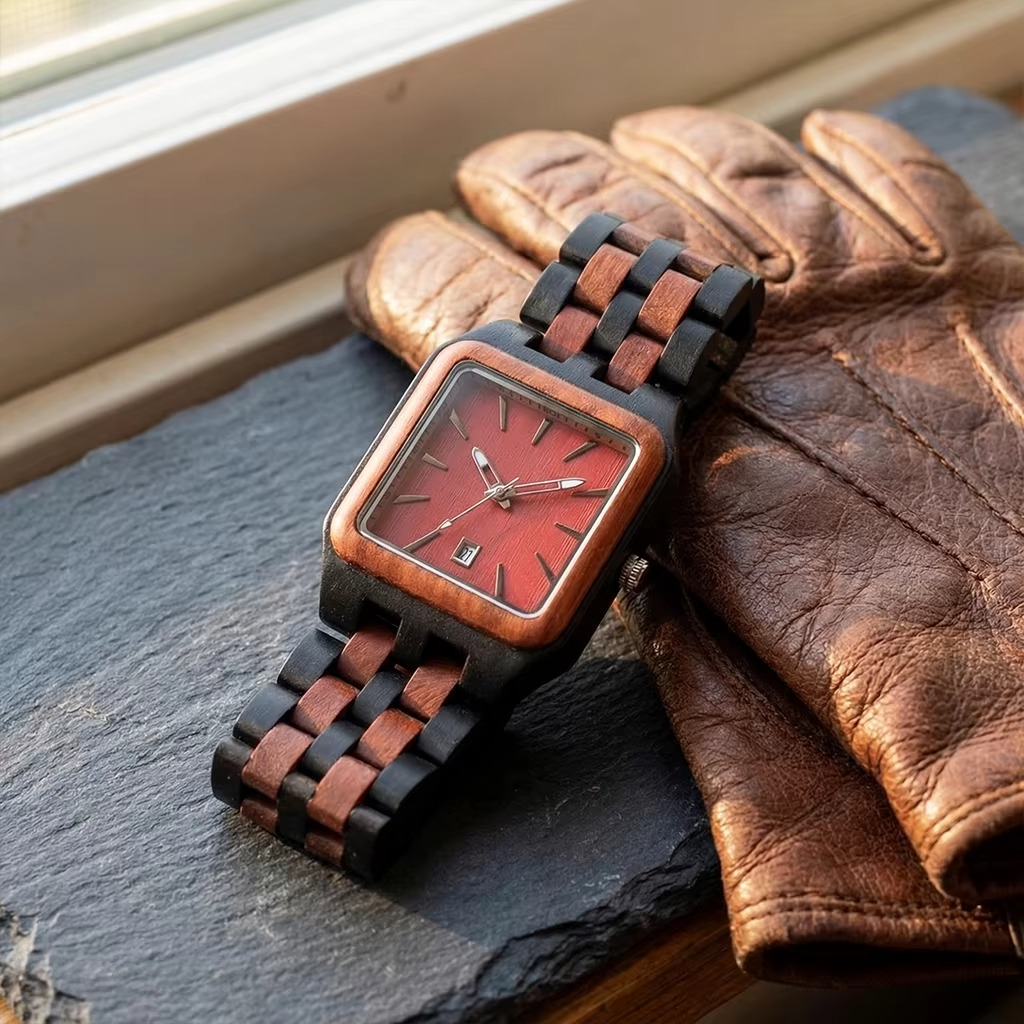 Montre en bois homme modèle Brooklyn avec cadran carré rouge et bracelet damier noir et bois posé sur des gants en cuir marron