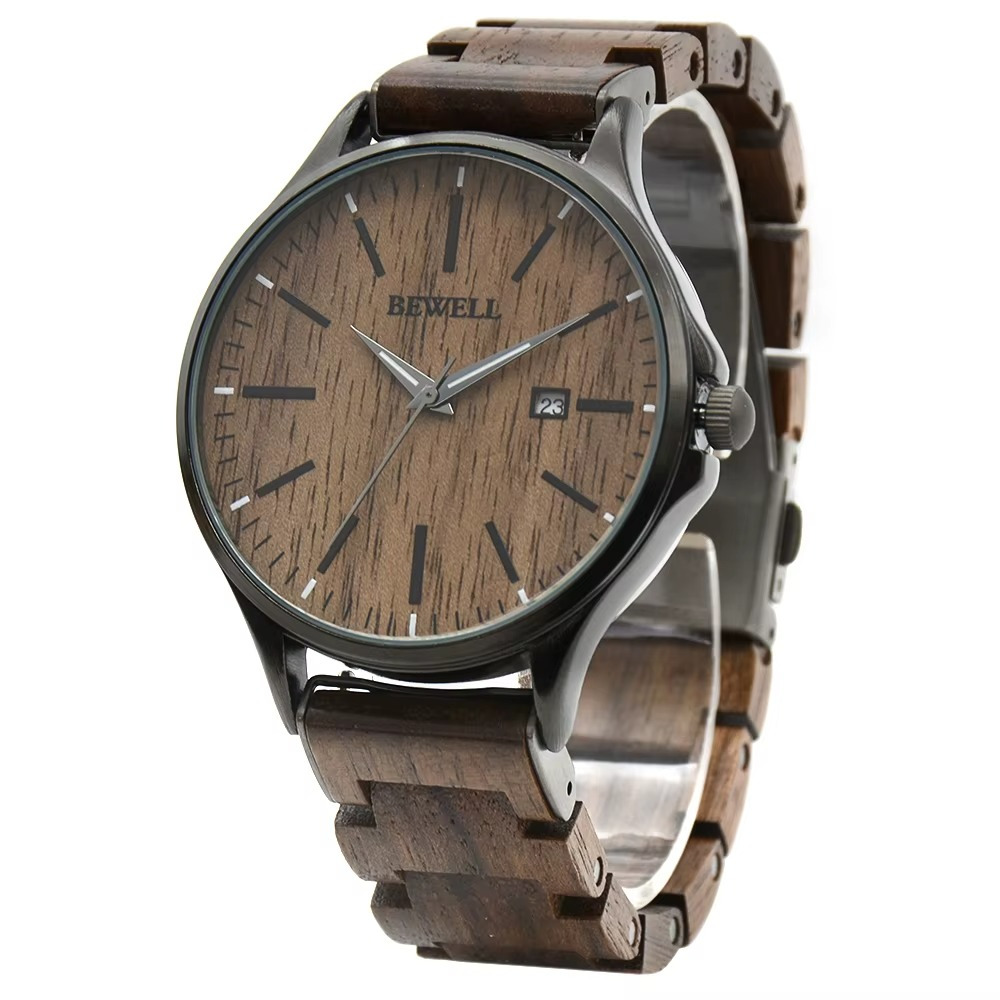 Montre en bois homme Milano avec cadran en noyer et bezel noir minimaliste vue de côté