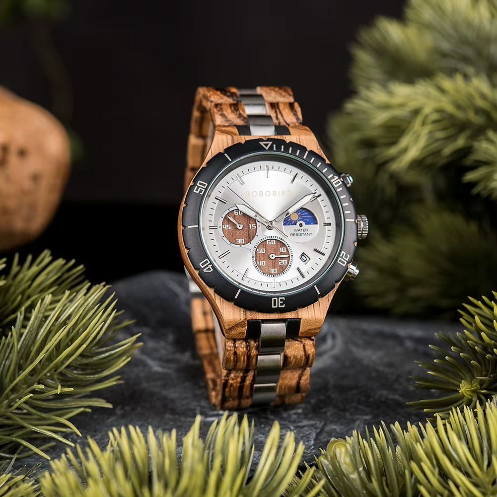 Montre en bois homme Namib chronographe avec phase de lune, bracelet en bois et métal, cadran blanc avec compteurs marron