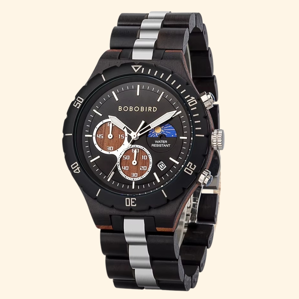 Montre en bois homme Namib chronographe avec phase de lune et bracelet noir et argent