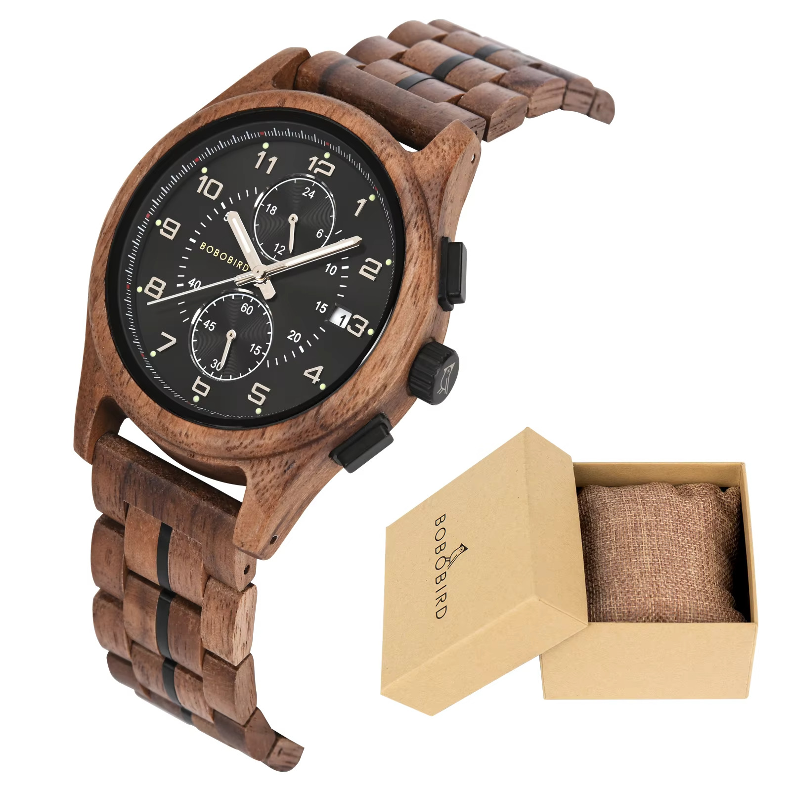 Montre en bois pour homme Yukon avec cadran noir chronographe et bracelet en noyer vue de côté avec boîte ouverte
