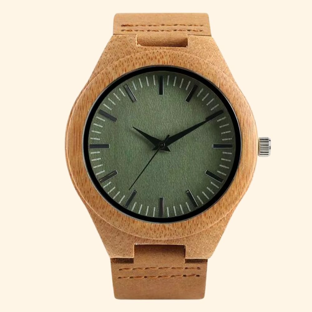 Montre en bois modèle Java avec bracelet en cuir marron et cadran vert olive en noyer, vue de face