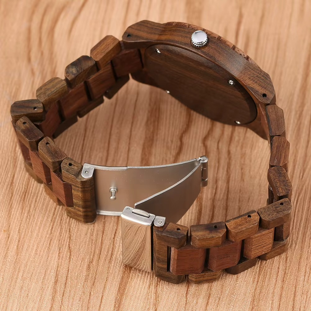 Montre en bois massif homme Tolède bicolore noyer vue arrière avec bracelet en bois et fermoir métallique