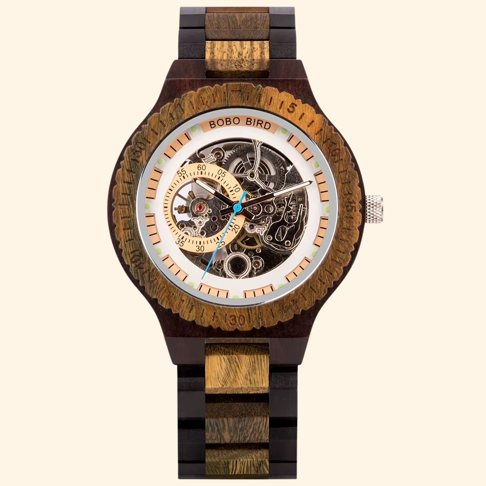 Montre en bois mécanique homme Kaïro avec cadran squelette et bracelet en bois naturel foncé et clair