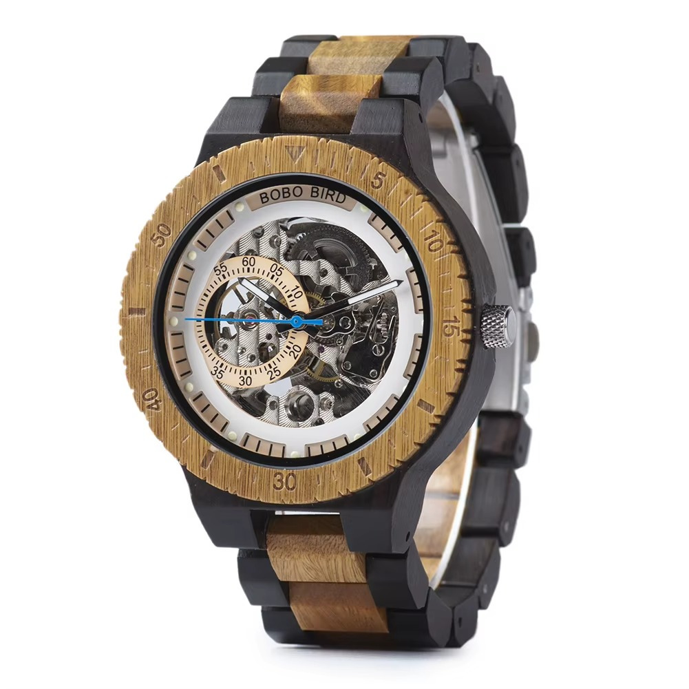 Montre en bois mécanique homme Kaïro avec cadran squelette et bracelet en bois clair et foncé
