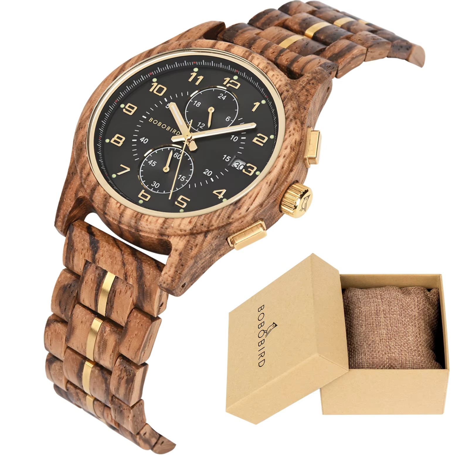 Montre en bois naturel Serengeti modèle Zébrano avec cadran noir et chronographe, vue en angle avec bracelet en bois et boîte d'emballage ouverte