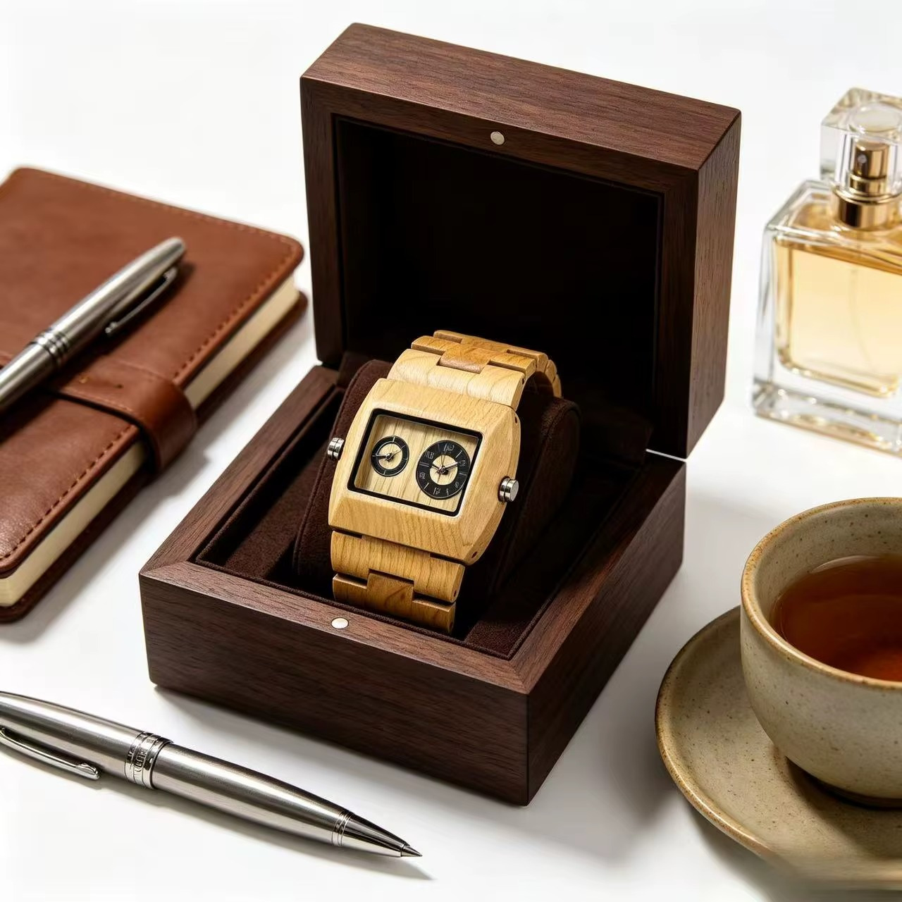 Montre en bois rectangulaire double fuseau horaire modèle Greenwich en bambou clair présentée dans un coffret en bois foncé ouvert