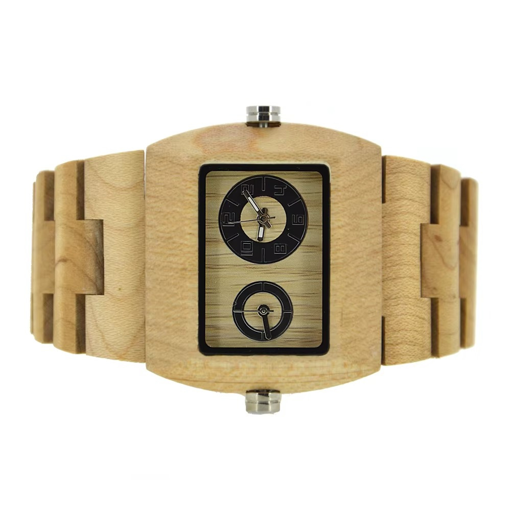 Montre en bois rectangulaire Greenwich en bambou clair avec double fuseau horaire et bracelet en bois