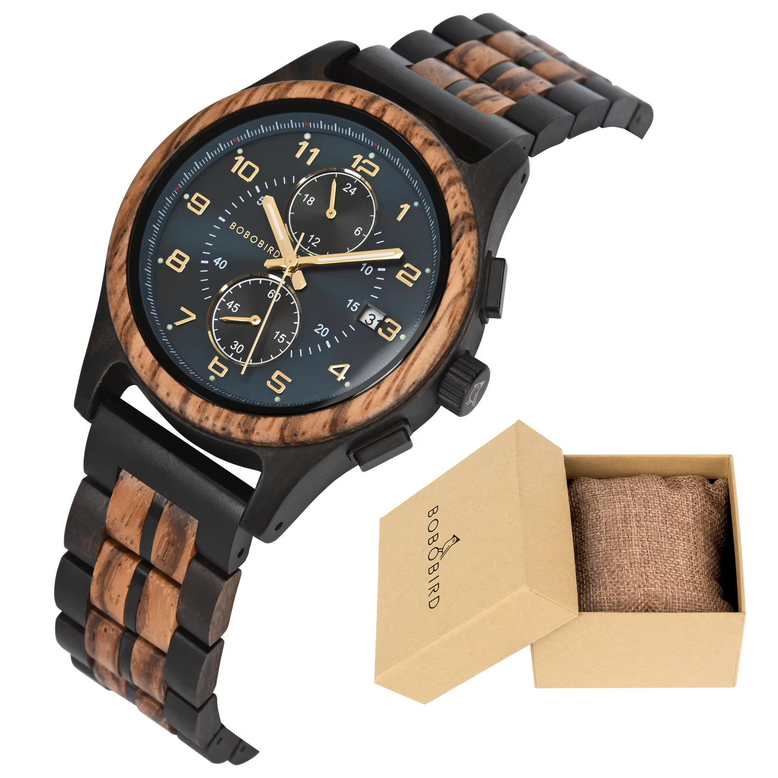 Montre en bois Santorin chronographe avec cadran bleu et boîtier en ébène, bracelet en bois et métal, vue inclinée avec boîte d'emballage ouverte