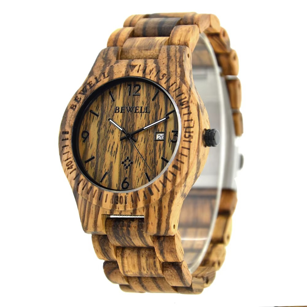 Montre en bois zébrano Zanzibar avec cadran gravé et guichet date visible de face