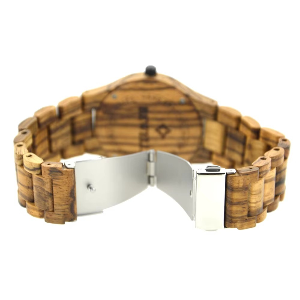 Montre en bois zébrano Zanzibar vue arrière du bracelet et fermoir métallique ouvert