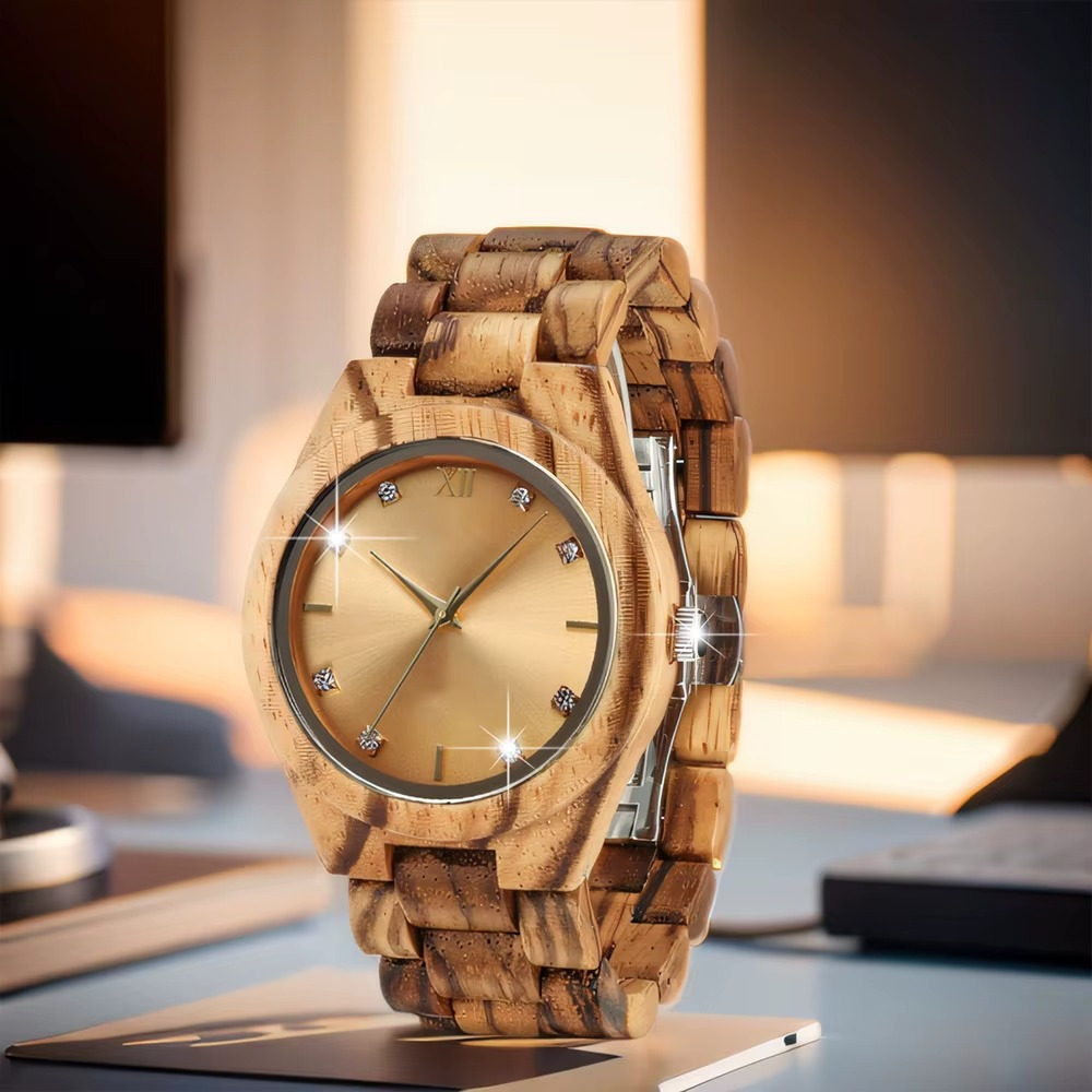 Montre en bois Livia pour femme avec cadran doré épuré et index strass, vue de face sur bracelet en bois naturel