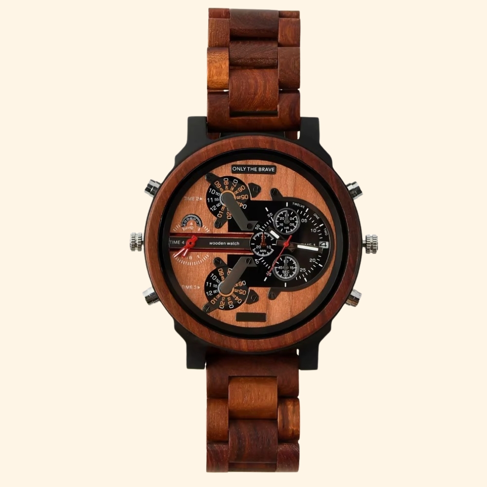 Montre Everest en bois avec grand cadran double fuseau horaire et aiguilles lumineuses, bracelet en bois marron