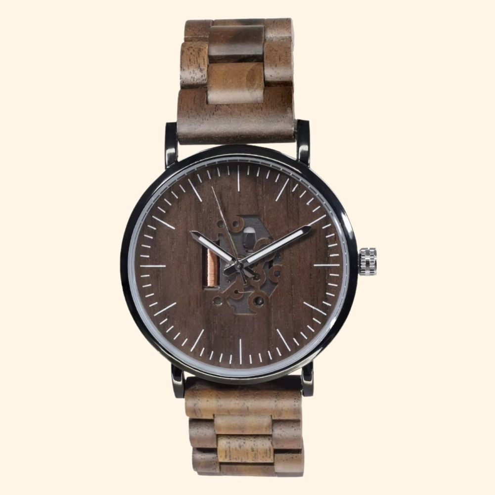 Montre Genève en bois pour femme avec cadran ajouré et bracelet bicolore en bois marron