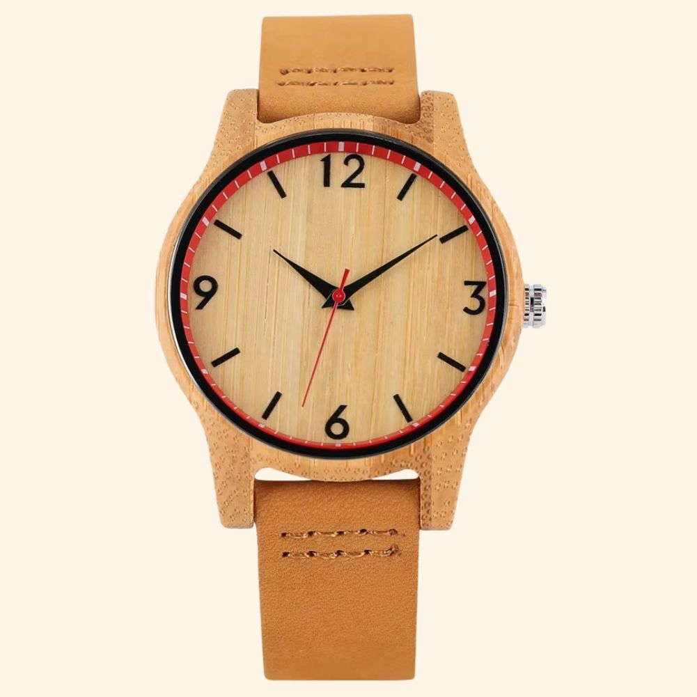 Montre Hanami en bois minimaliste 40 mm avec cadran cerclé rouge et bracelet en cuir marron clair vue de face