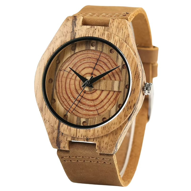 Montre en bois faite main pour homme avec cadran en cernes d'arbre et bracelet en cuir camel