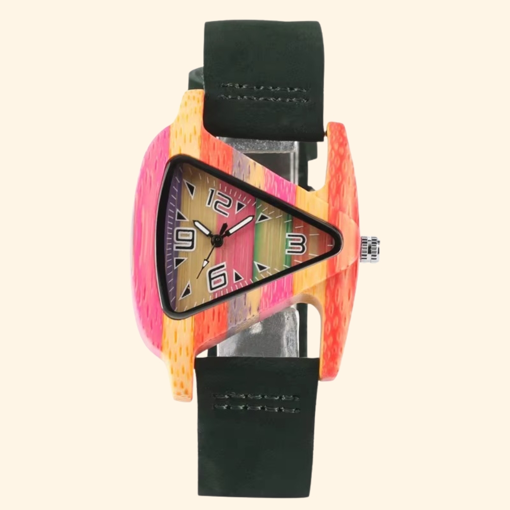 Montre Jaipur femme en bois et cuir avec cadran triangulaire multicolore et chiffres blancs