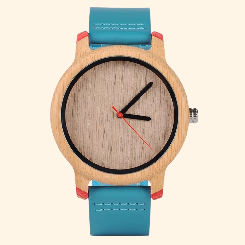 Montre en bois Lagon mixte avec cadran minimaliste en bambou et bracelet en cuir bleu turquoise