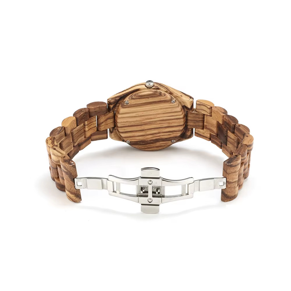 Montre Livia en bois pour femme vue arrière avec bracelet en bois et fermoir métallique déployant