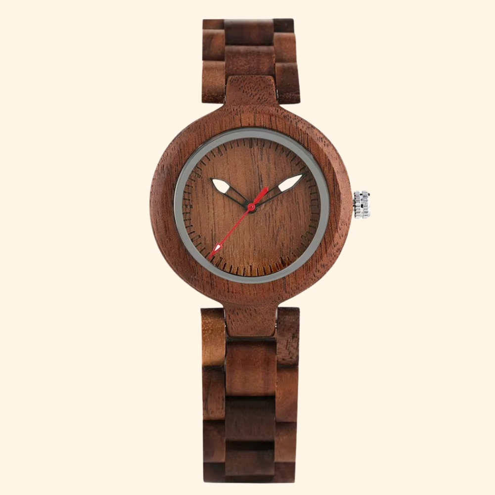Montre Lumina femme en bois 36 mm avec aiguilles lumineuses et bracelet en bois foncé vue de face