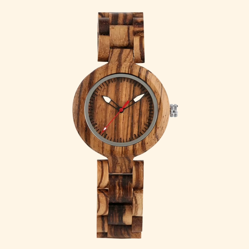 Montre en bois Lumina pour femme 36 mm avec aiguilles lumineuses et bracelet en bois naturel à motifs zébrés