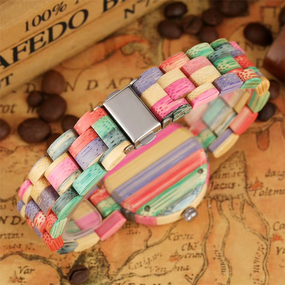 Montre Lumina femme 36 mm avec bracelet en bois multicolore et fermoir métallique