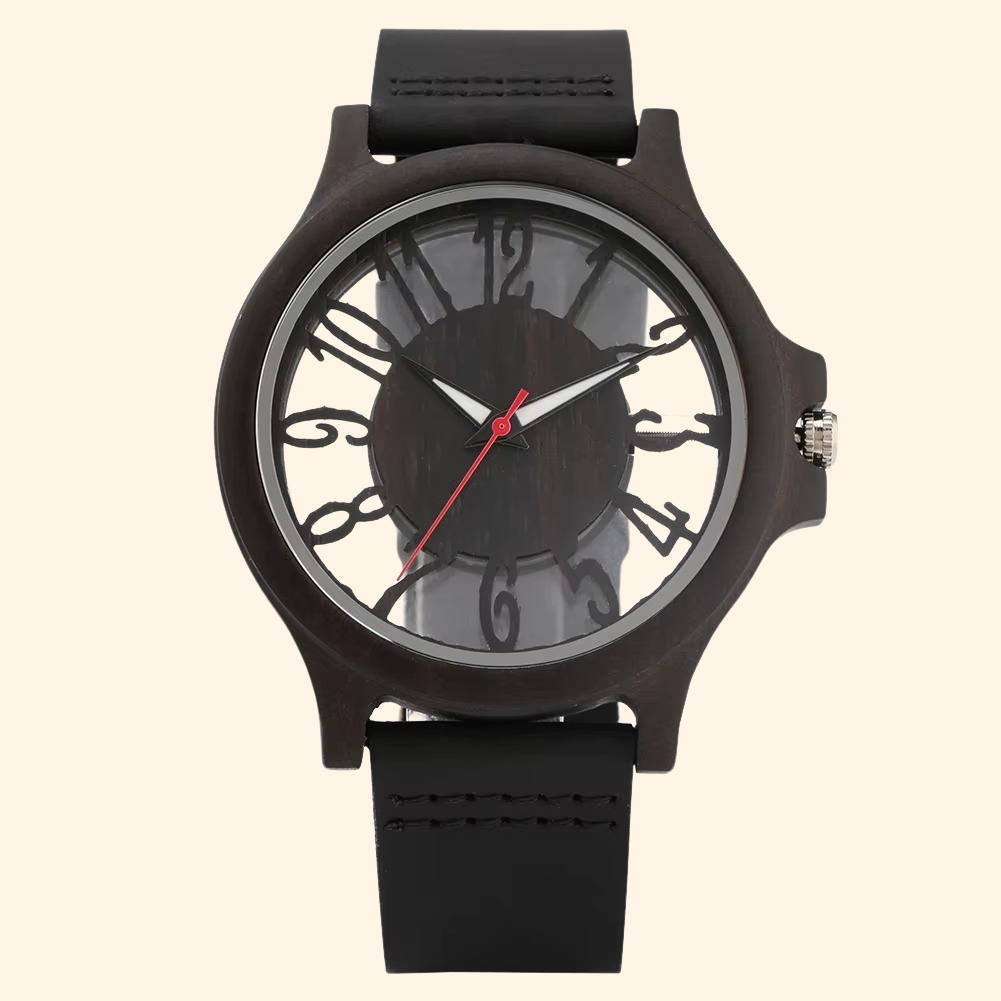 Montre Mirage pour homme en bois et cuir avec cadran ajouré et chiffres arabes noirs