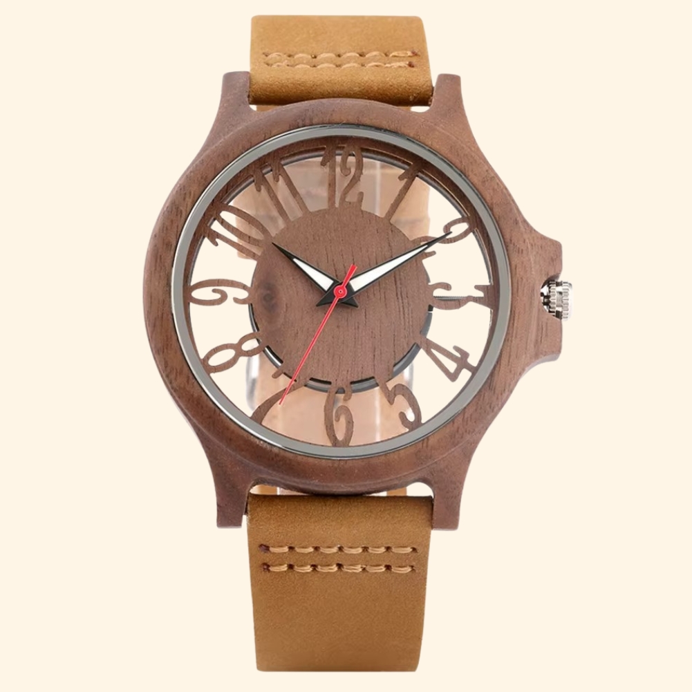 Montre Mirage pour homme en bois et cuir avec cadran ajouré et chiffres arabes visibles
