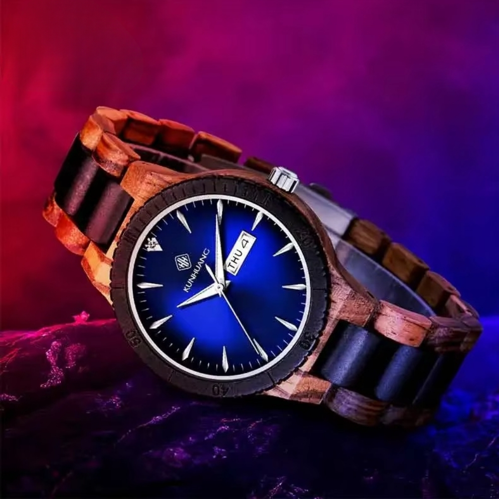 Montre Poséidon en bois bicolore pour homme avec cadran bleu, affichage jour et date, lunette crantée
