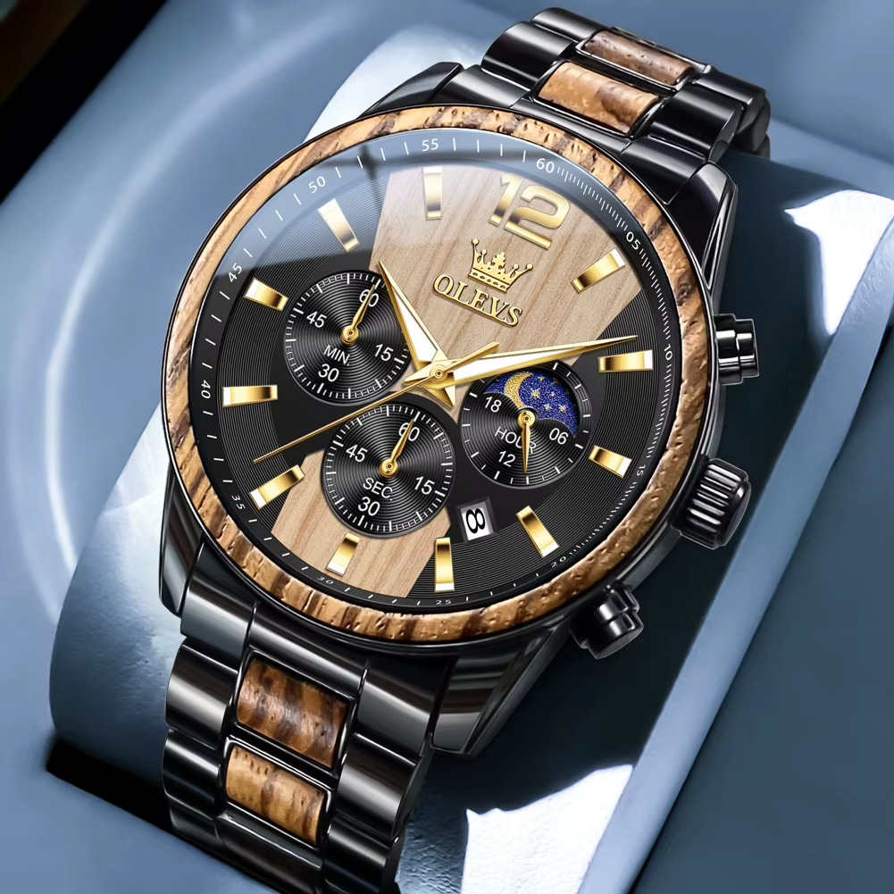 Montre homme Sahara en bois et acier avec chronographe quartz et phase de lune, cadran noir et bois clair, bracelet acier et bois