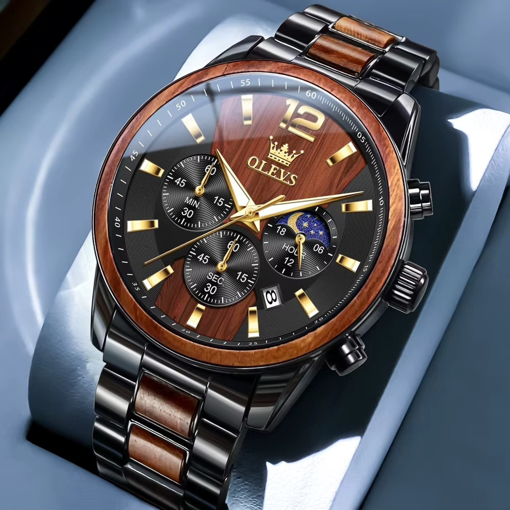 Montre Sahara en bois et acier pour homme avec chronographe quartz et phase de lune, cadran marron avec détails dorés