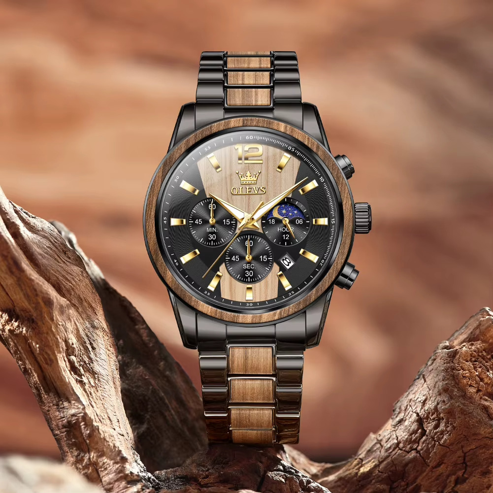 Montre Sahara pour homme en bois et acier avec chronographe quartz et phase de lune, cadran noir et beige, bracelet bicolore bois et acier