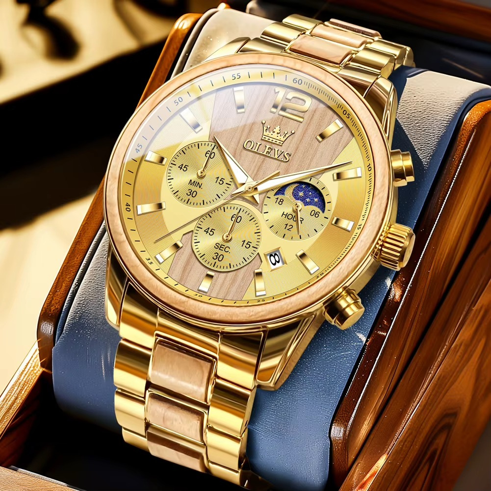 Montre Sahara homme en bois et acier doré avec chronographe quartz et phase de lune, cadran doré avec détails bois et bracelet métallique doré